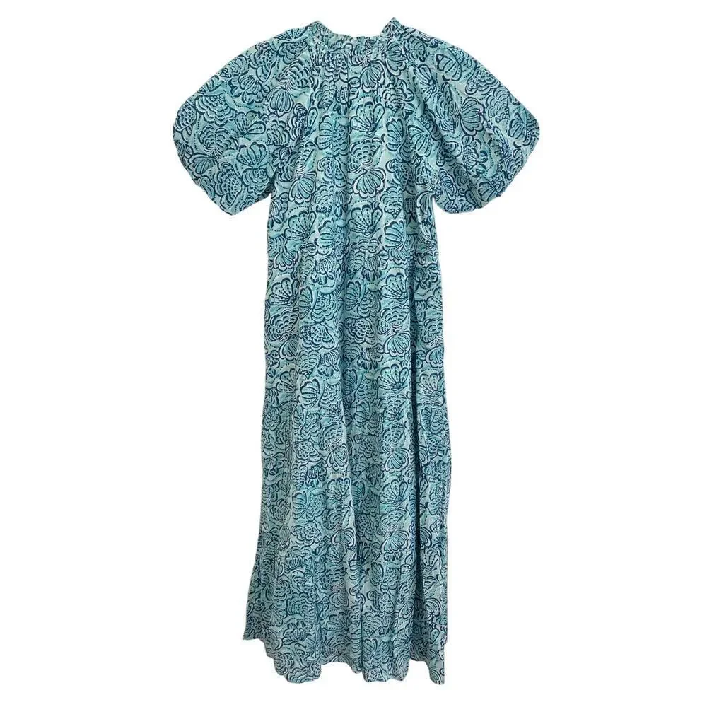 Banjanan Poppy Midi Dress Shell Aqua Puff Sleeve Cotton Button Tuckernuck - Picture 8 of 13